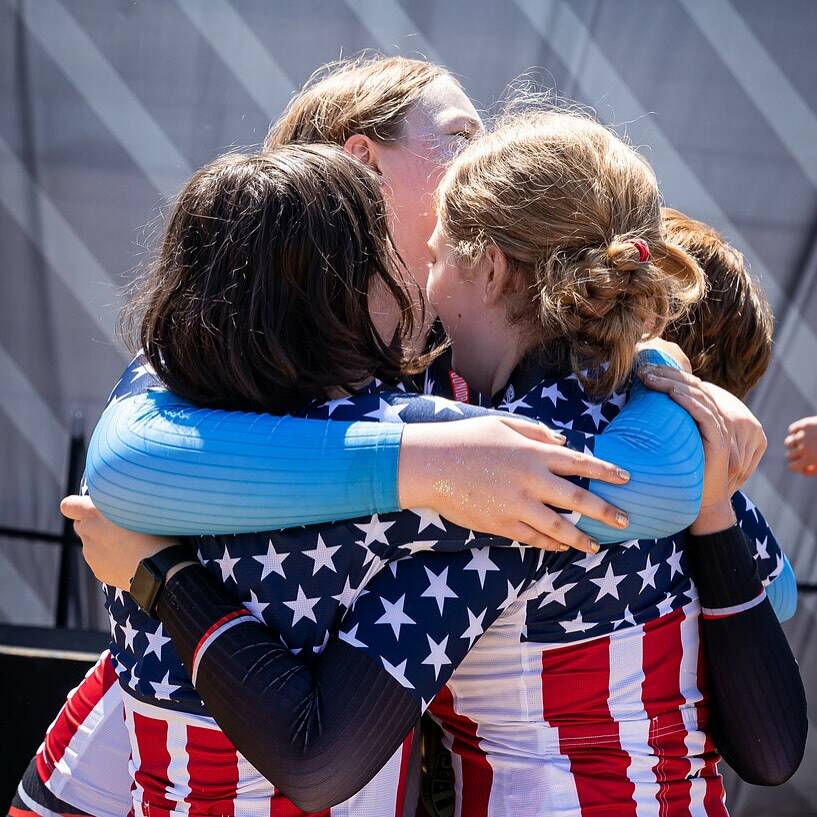 The Jerry Baker Juniors celebrate their national championship in the Junior Womens 15-18 Team Pursuit on July 27 at the Jerry Baker Memorial Velodrome in Redmond. Photo courtesy of Tory Hernandez (@evrgrnphoto)