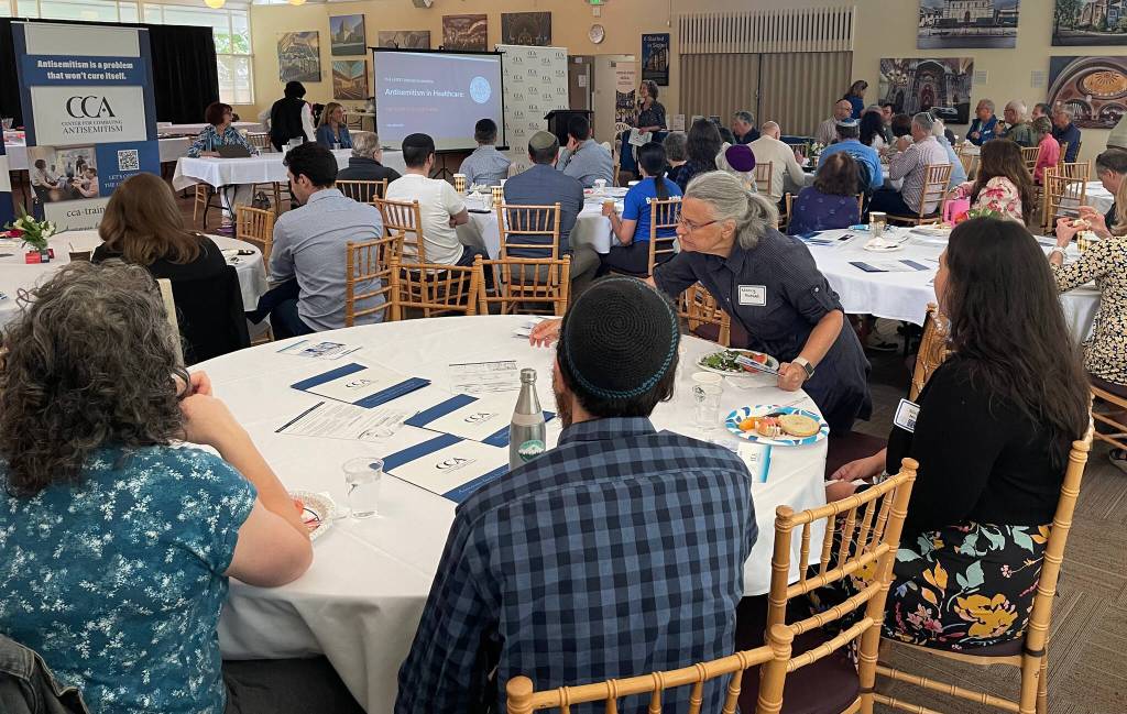 Attendees listen to a speaker at the Diagnosing and Treating Antisemitism in the Healthcare Industry event on July 27 at the Island Synagogue. Photo courtesy of Randy Kessler