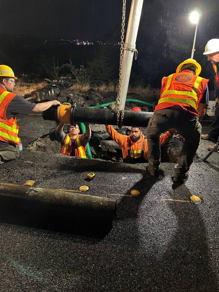 Crews work on repairing a water main break on Mercer Island. Photo courtesy of the city of Mercer Island