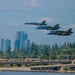 The Blue Angels pass in tight formation over I-90 and Mercer Island, with downtown Bellevue rising in the distance. Photo courtesy of Andrew Meade