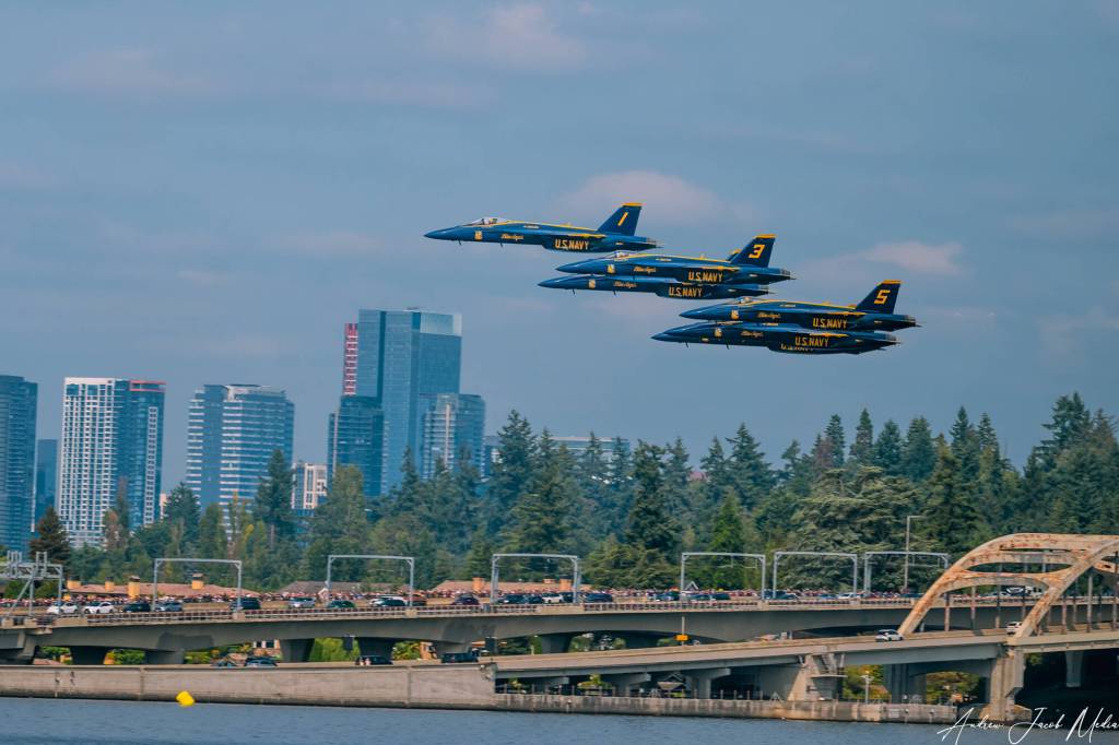 The Blue Angels pass in tight formation over I-90 and Mercer Island, with downtown Bellevue rising in the distance. Photo courtesy of Andrew Meade