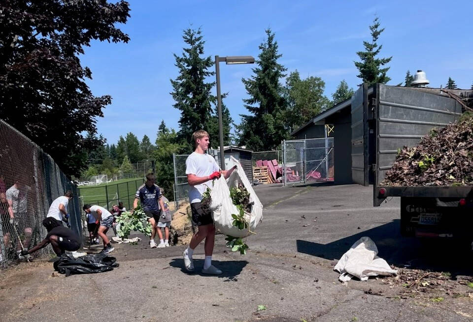 Mercer Island High School football player Axel Avenstam (forefront) joins his teammates in a school field cleanup day on Aug. 1. Courtesy photo