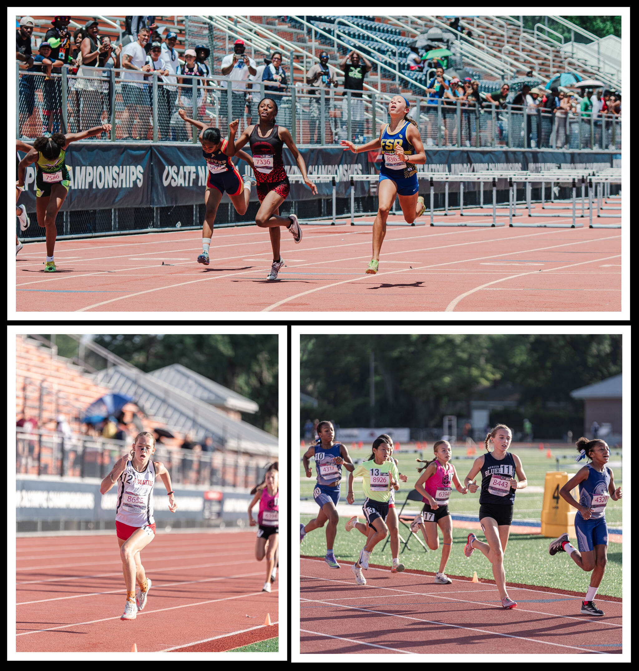 Top: Mercer Islands Maya Kirtman, right, finishes second in the 80-meter hurdles last month at the 2025 USATF National Junior Olympic Track & Field Championships at Savannah State Universitys Wright Stadium in Georgia. Bottom left: MIs Savannah Brondstetter, left, finished third in 1,500-meter run. Bottom right: MIs Beau Berry, second from right, took seventh in 1,500-meter run. Photos courtesy of USA TRACK AND FIELD