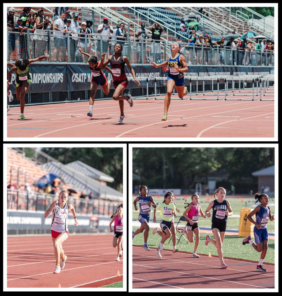 Top: Mercer Islands Maya Kirtman, right, finishes second in the 80-meter hurdles last month at the 2025 USATF National Junior Olympic Track & Field Championships at Savannah State Universitys Wright Stadium in Georgia. Bottom left: MIs Savannah Brondstetter, left, finished third in 1,500-meter run. Bottom right: MIs Beau Berry, second from right, took seventh in 1,500-meter run. Photos courtesy of USA TRACK AND FIELD
