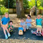 From left to right, Pixie Hill Preschool students Teddy Sullivan, Evan Smith, Xander Yu, Matthew Ponomarenko, Aaron Golan, Blake Smith, Ava Casey and Arabella Altman at play during summer camp this year. Photo courtesy of Rebecca Hulet