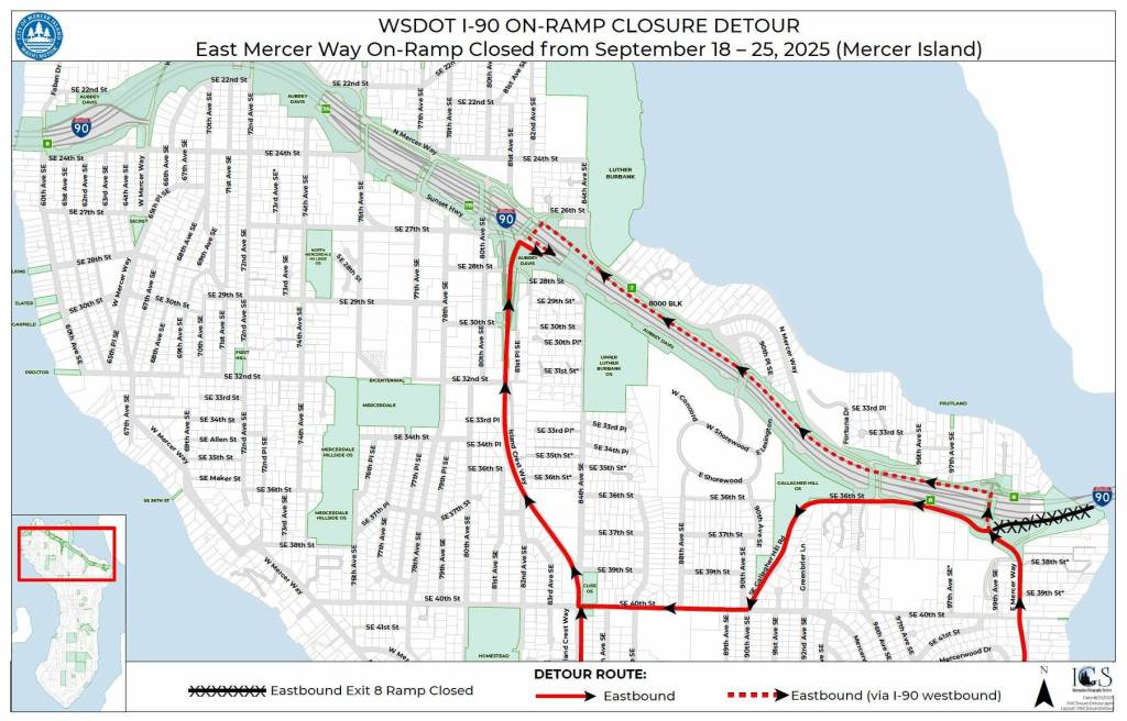Beginning Sept. 18, Washington State Department of Transportation will close the Interstate 90 eastbound on-ramp at East Mercer Way for six to eight days and the HOV on-ramp at 80th Avenue Southeast for 16 days to complete essential roadway repairs and replace failing expansion joints on the East Channel Bridge, according to the city of Mercer Island. The city said that drivers should expect major delays: This closure is expected to be highly disruptive, as drivers will find it much more difficult and time-consuming to move around the Island, as well as access I-90 to leave the Island. Detour routes will carry higher-than-normal traffic volumes and are likely to experience significant backups as drivers move through the area during the closure. For more information, detour routes and more, visit: <a href="https://orlo.uk/D60Ug" target="_blank">https://orlo.uk/D60Ug</a>. Graphic courtesy of the city of Mercer Island