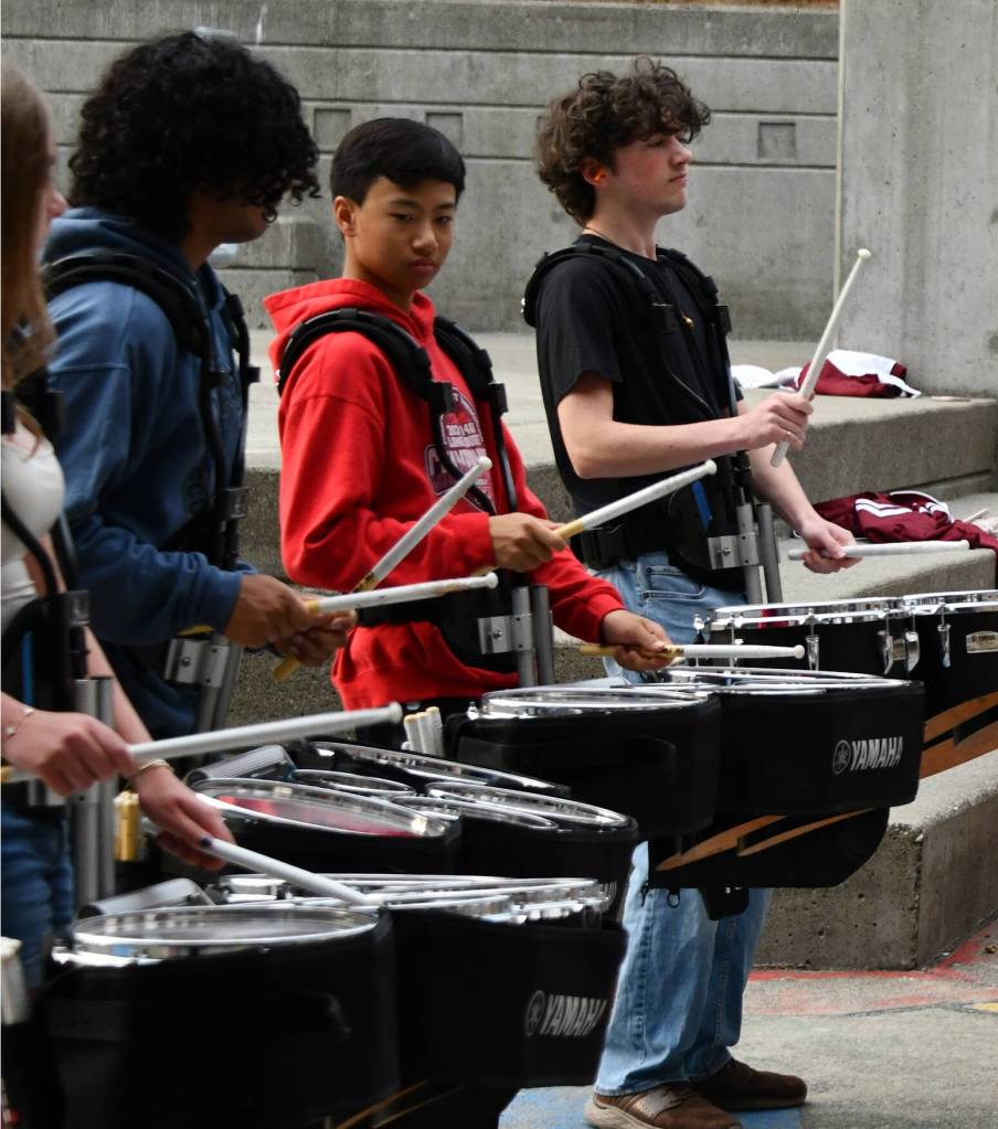 Members of the Mercer Island High School drum corps. Andy Nystrom/ staff photo