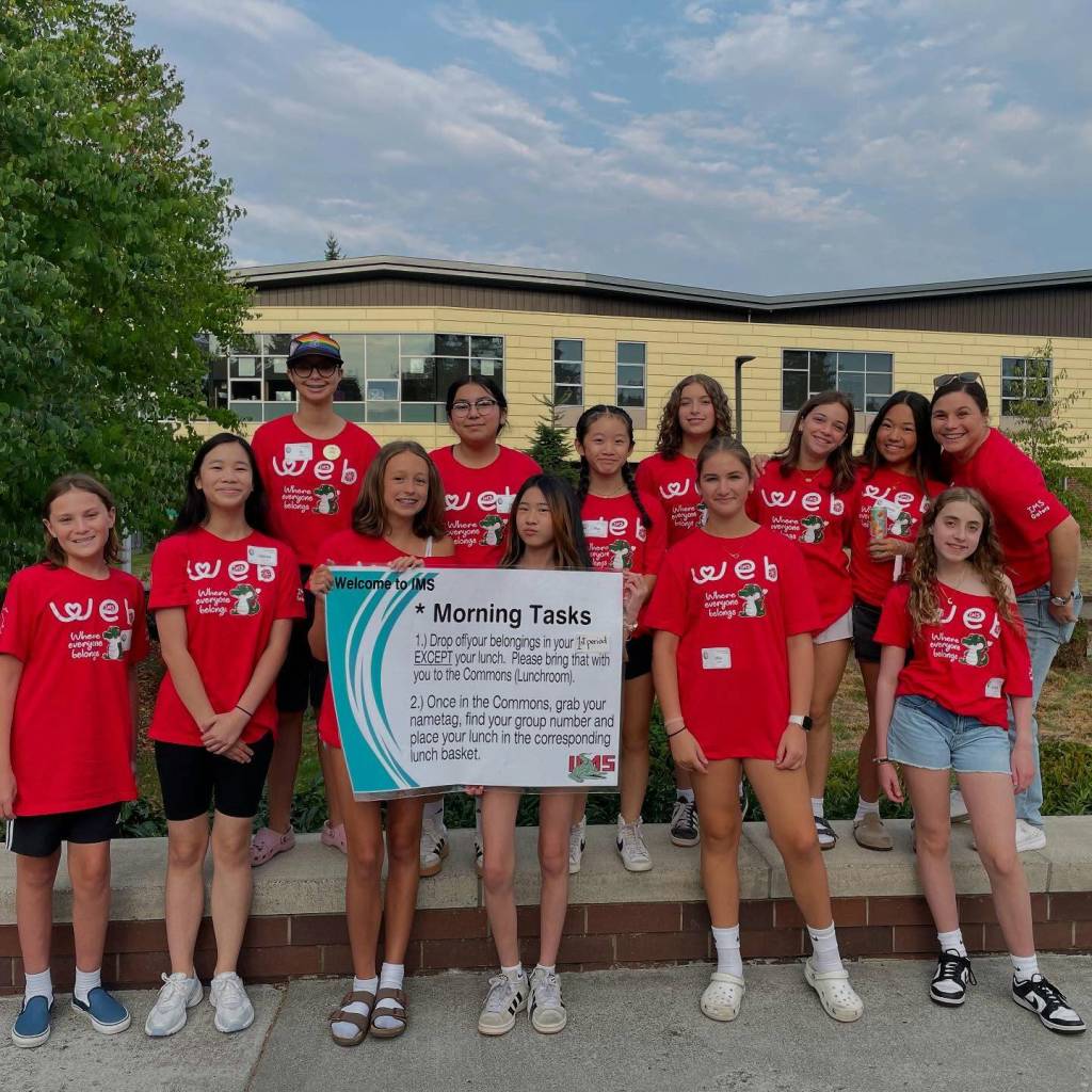 Where Everyone Belongs (WEB) leaders welcomed sixth-graders at Islander Middle School on the first day of school on Aug. 27. WEB leaders also led an orientation assembly for the sixth-graders. Photo courtesy of the Mercer Island School District