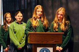 St. Monica Middle School students (left to right) Vivienne Street, Valerie Hay, Cara King and Hunter Lippens at the Mercer Island City Council meeting. Courtesy photo