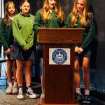 St. Monica Middle School students (left to right) Vivienne Street, Valerie Hay, Cara King and Hunter Lippens at the Mercer Island City Council meeting. Courtesy photo