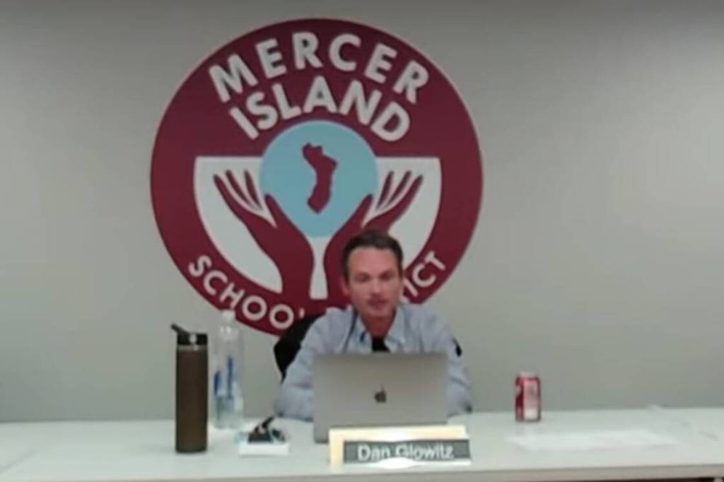 Screenshot of Mercer Island School Board Director Dan Glowitz at the Aug. 28 meeting. (Screenshot)