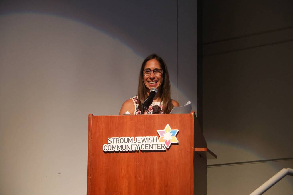 Stroum Jewish Community Center of Greater Seattle CEO Amy Lavin speaks at the early childhood school naming and reopening ceremony on Sept. 7. Photo courtesy of the SJCC