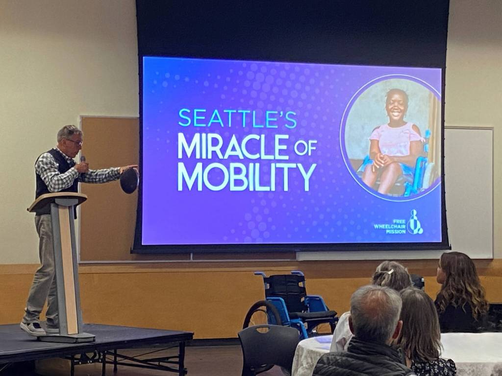 Former Seahawks quarterback and NFL coach Jim Zorn speaks at last years event. Courtesy of Free Wheelchair Mission