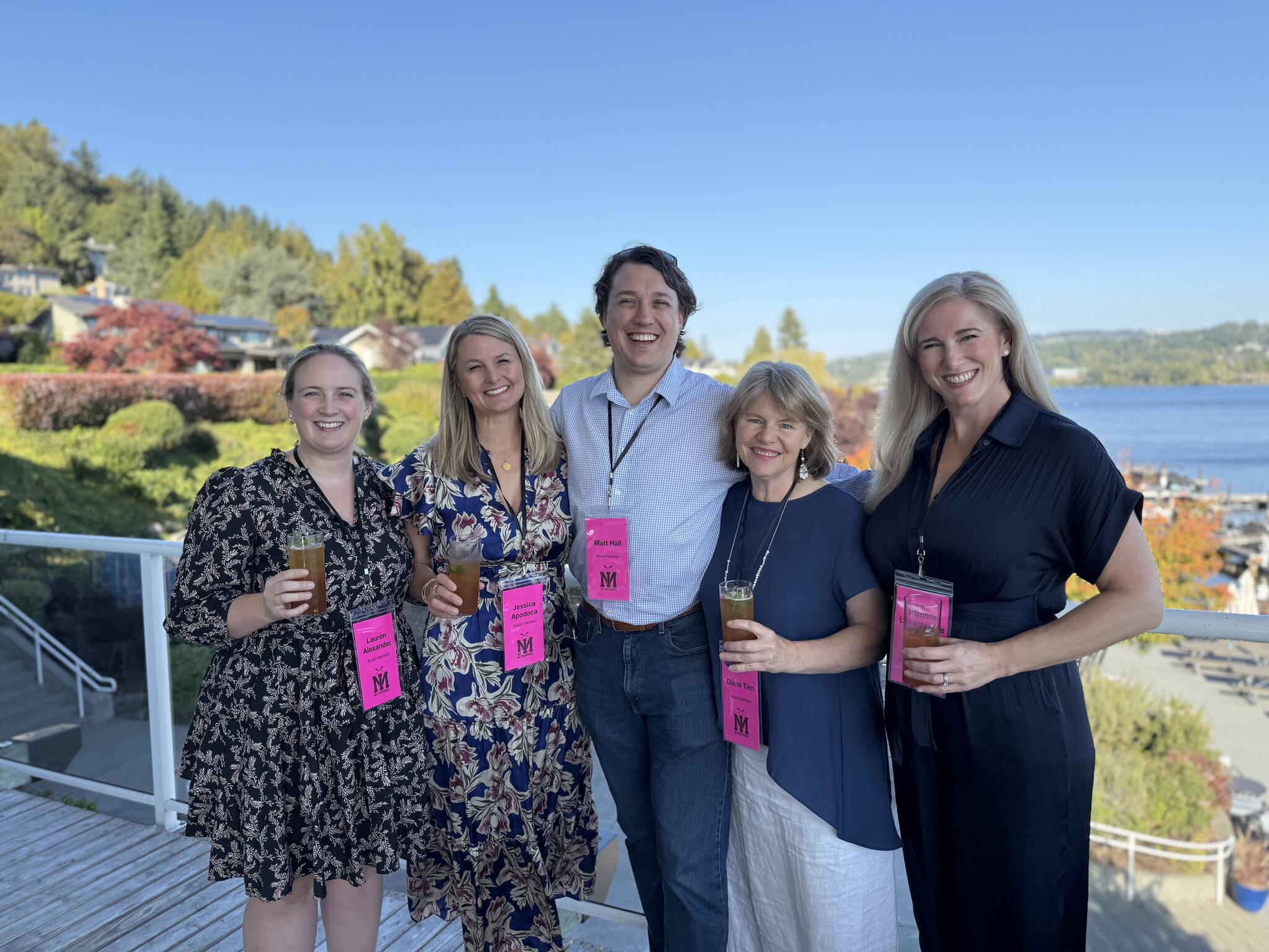 From left to right: Five of the seven Mercer Island Rowing Club board members Lauren Alexander, founder and president; Jessica Apodaca, co-vice president; Matt Hall, treasurer; Diane Tien, general board member; and Shannon Leversedge, co-vice president, gather at the clubs inaugural fundraiser on Oct. 5 at the Mercer Island Beach Club. Courtesy photo