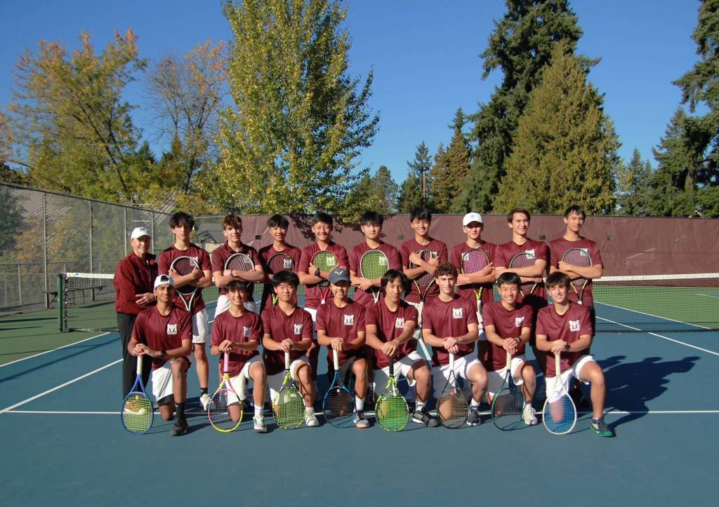 Mercer Island High Schools boys tennis team, back row left to right: Coach Jacquie Hartmann, Alex Radke, Luke Loiselle, Harry Nguyen, Lucas Pae, Elliot Chang, Nolan Bang, Vinny Bang, Derek Borden and Hugh Borden. Front row left to right: Jay Mehta, Jordan Perlman, Christian Min, Joseph DeGracia, Ryan Chin, Rhodes Tacher, Eli An and Sam Karami. Courtesy of Justin Pae