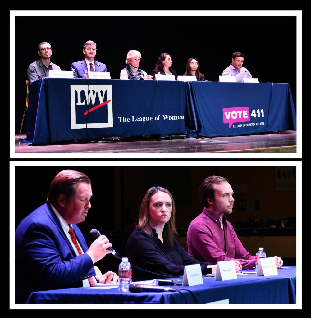 Top from left, Mercer Island City Council candidates are Daniel Becker, Ted Weinberg, Lisa Anderl, Johana Beresky, Julie Hsieh and Adam Ragheb. Bottom from left, Mercer Island School District board director candidates are Julian Bradley, Stephanie Burnett and Robert OCallahan. They are pictured at a forum on Oct. 15 at Islander Middle School. Andy Nystrom/ staff photos
