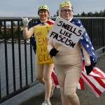 Mercer Island No Kings March participants walk across the Interstate 90 bridge coming from Aubrey Davis Park on Mercer Island on the morning of Oct. 18. In a press release, noting that more than 1,100 people attended the march, organizer Gene Robertson said protesters were peaceful and the mood was happy. It was a powerful celebration of love of country and rejection of authoritarian overreach. Passing cars honked in support, and cyclists were patient, the release added. According to the No Kings website: On October 18, more than 7 million of us rose up at more than 2,700 events in all 50 states, DC, and cities worldwide to say: America has no kings, and the power belongs to the people. The thousands of nationwide events are against President Donald Trumps policies and actions. Mercer Island High School students Magnus and Shay said this was their first protest, and expressed concerns about unlawful cuts to science, and 100% misuse of the military. Mercer Island resident Lora Ford said, We are losing democracy bit by bit, and its important that we dont get used to it. She noted that her ancestors came on the Mayflower, So Im an immigrant! Andy Nystrom/ staff photo