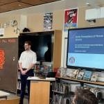 Rachel Nakanishi and David Kornahrens from Strategies 360 present the survey results to the Mercer Island School District board at a special session on Oct. 15 at Islander Middle School. Photo courtesy of the Mercer Island School District