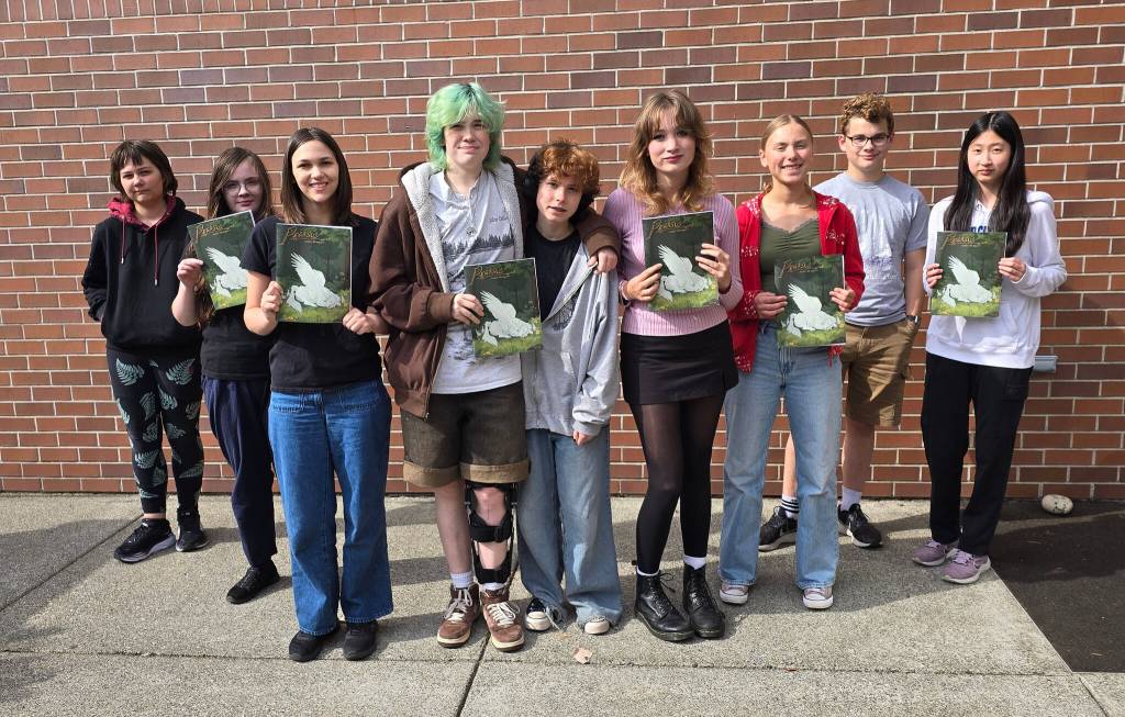 From left to right: Kitt Furukawa, Lola Joinson, Tessa Baumgarten, Millie Farmer-Clark, Clove Fields, Cordelia Tangeman, Layla Petricek, Quinn Nelson and Kaitlyn Chu. This is a mix of Pegasus staff from last year and this year as well as students in the creative writing and publishing class. Courtesy photo