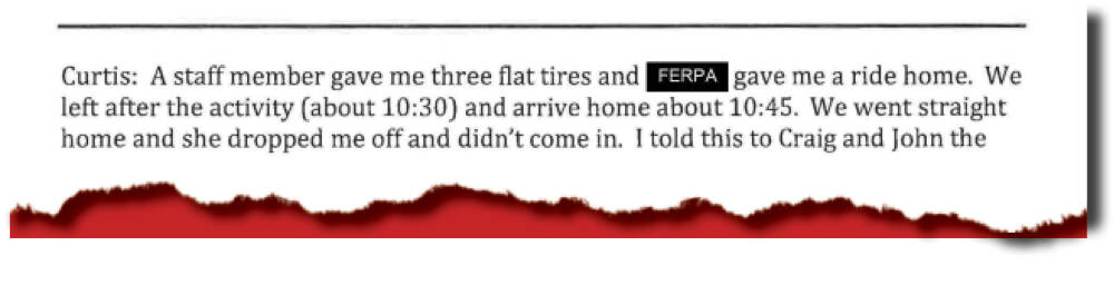 An excerpt from school records showing how Curtis responded to school administrators when asked why he was seen leaving a school event in a students car. The students friends had followed them, and said her empty car was seen outside his apartment.