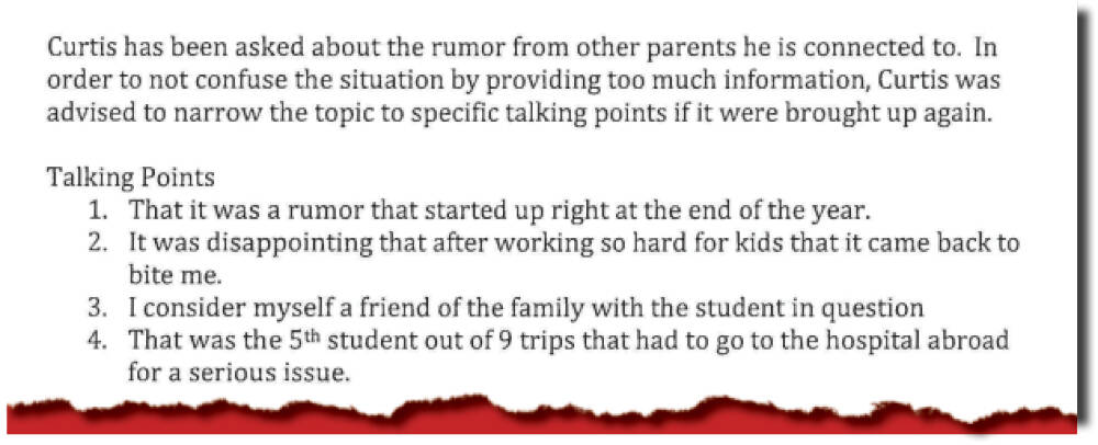 An excerpt from an interview conducted on July 11, 2011 by former Principal John Harrison with former English teacher Curtis Johnston regarding concerns that the school had received that the teacher was in an inappropriate relationship with a student.