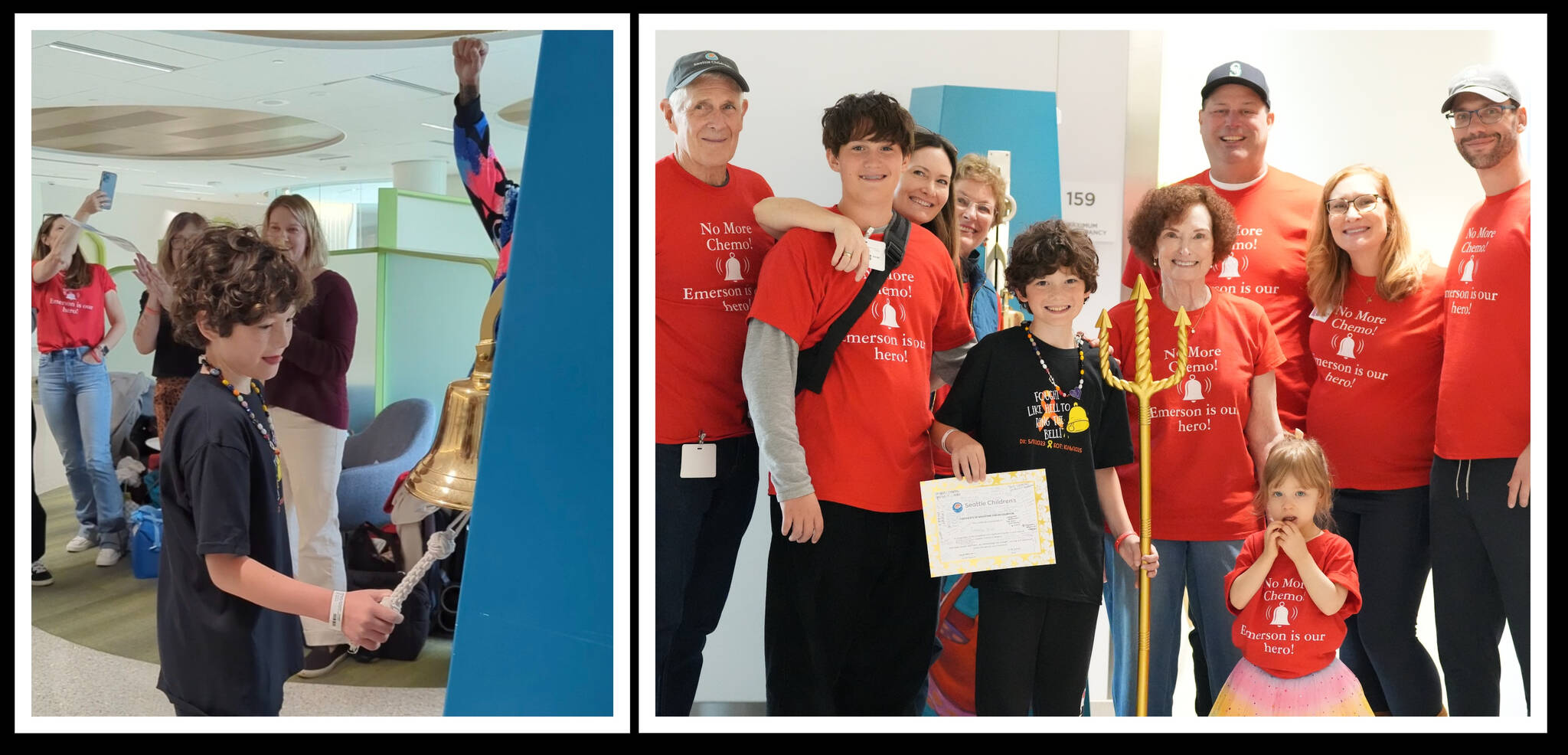 Mercer Islands Emerson Vivion rings the bell on Oct. 16 to mark the end of his cancer treatment at Seattle Childrens Cancer and Blood Disorders Center. Courtesy photo
From left to right: Erin Vivions dad, Jad Dennis; son Elliot Vivion; Erin Vivion; family friend Jean Munday; son Emerson Vivion; Erins mom, Janice Dennis; husband Micah Vivion; Erins sister Amanda Dennis Horne, her husband Aaron Horne and their 2-year-old daughter Meredith, one of Emersons favorite people in the world. Courtesy photo