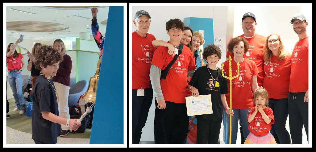 Mercer Islands Emerson Vivion rings the bell on Oct. 16 to mark the end of his cancer treatment at Seattle Childrens Cancer and Blood Disorders Center. Courtesy photo
From left to right: Erin Vivions dad, Jad Dennis; son Elliot Vivion; Erin Vivion; family friend Jean Munday; son Emerson Vivion; Erins mom, Janice Dennis; husband Micah Vivion; Erins sister Amanda Dennis Horne, her husband Aaron Horne and their 2-year-old daughter Meredith, one of Emersons favorite people in the world. Courtesy photo