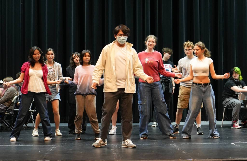 Huashan Tiger Yang and ensemble during Mercer Island High School dramas Mean Girls rehearsal. Photo courtesy of Kelly Goto