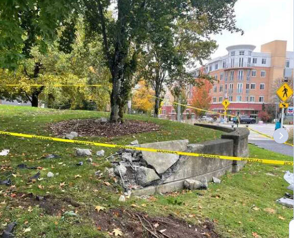 Pictured is a wall that a driver plowed into at 77th Avenue Southeast and Sunset Way on Mercer Island on Oct. 24. Photo from Nextdoor Mercer Island