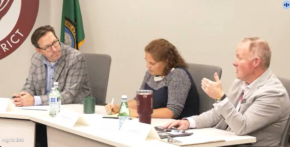 From left to right, Mercer Island School District Superintendent Fred Rundle, Assistant Superintendent of Compliance, Legal Affairs and Human Resources Erin Battersby and Mercer Island High School Principal Nick Wold answered questions at the Student Safety and Well-Being Webinar on Oct. 29. Screenshot from the webinar