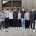 Mercer Island High Schools boys golf team tied for third at the 3A SeaKing District Tournament on Oct. 27 at Druids Glen Golf Club in Covington. The Islanders secured their spot in the state tournament in May by posting one of the five lowest team scores  a 292  in district tournament history. The team finished three under on the 18th hole to qualify for state by a single stroke. Alex Harwood notched second medalist honors with a 67. From left to right (with players scores) is coach Seung Lee, Harwood, Lucas Kornylo (74), Preston Yee (77), Yijoon Seo (74), Alex Brown (83), Alex Guo (79, individual player) and coach Caleb An. Courtesy photo