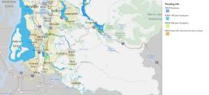 The King County flood map shows the different areas of South King County, indicated by blues and oranges, that are prone to flooding. Image courtesy of King County Flood Control.