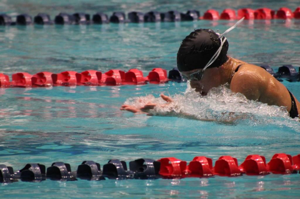 Mercer Island High School freshman Klara Kirschbaum swims the 100 breaststroke at state. Photo courtesy of Jeannette Zhao