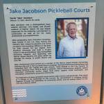 The Jake Jacobson Pickleball Courts plaque at Luther Burbank Park. Andy Nystrom/ staff photo