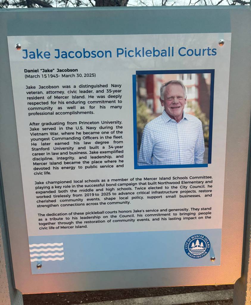 The Jake Jacobson Pickleball Courts plaque at Luther Burbank Park. Andy Nystrom/ staff photo