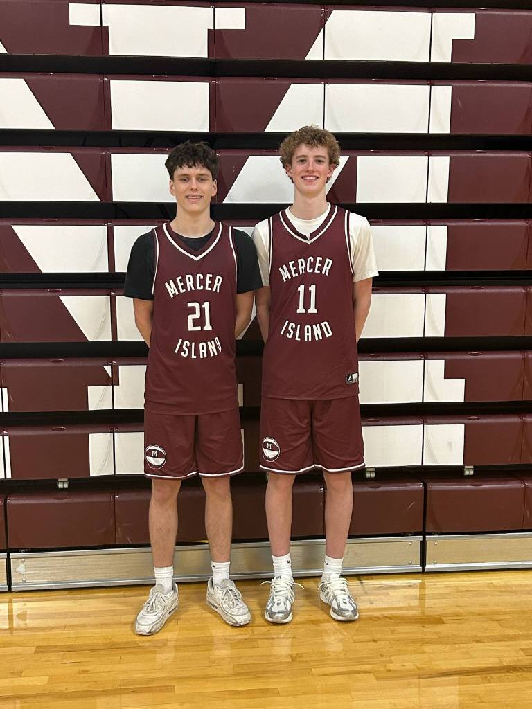 From left to right, Mercer Island High School senior boys basketball captains are Milo Berkley and Colin Monahan. Photo courtesy of JoLynn Leisinger