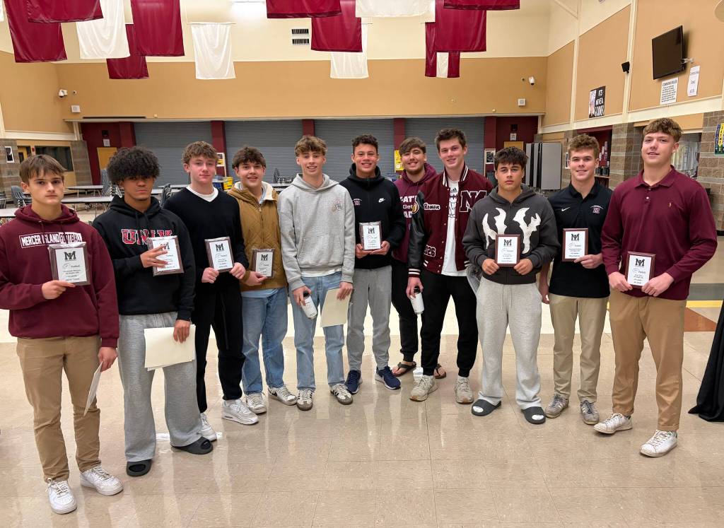 Mercer Island High School football KingCo Mountain Division all-leaguers: Jonah Thiese, David James Jr, Chase Kelly, Joey Weiss, Brendan McGuire, Jonah Battema, Shaun Wurster, Roman Hanlon, Kainoa Brown, Riley Anderson and Ari Wolff. Not pictured: Axel Avenstam. Following are some of the Islanders statistics for this season: Quarterback Dillon Carroll was 89-for-181 passing for 1,158 yards and four TDs; quarterback Luke Christofferson was 42-for-80 passing for 507 yards and seven TDs; running back Brown had 101 carries for 420 yards and seven TDs; on the receiving front, James Jr. had 30 receptions for 345 yards and one TD, Battema had 21 receptions for 143 yards and one TD, Brown had 19 receptions for 290 yards, Anderson had 19 receptions for 258 yards and Kelly had 18 receptions for 243 yards and three TDs; Kelly had four interceptions; in the tackling realm, Myles Mastalir had 98 total tackles (37 solo, 61 assist), McGuire had 78 total tackles (30 solo, 48 assist) and Battema 61 total tackles (21 solo, 40 assist); and kicker Hanlon made 21 of 22 PATs and eight field goals with a long field goal of 47 yards. Courtesy photo