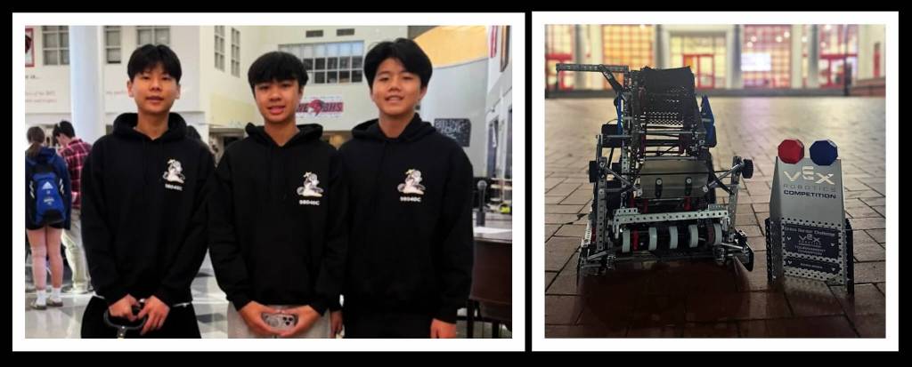 Left to right: Brian Kwon (lead code), Harry Nguyen (team captain) and Henry Xing (lead notebook). Not pictured, Til Wyss (builder). Photos courtesy of the Mercer Island School District