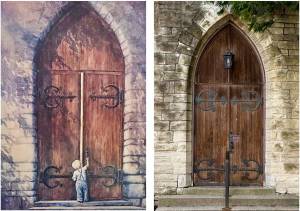 Left to right: The painting and the actual church door. Courtesy photos