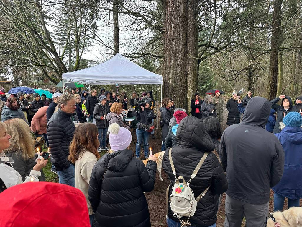 About 150 Mercer Islanders turned out in the rain Sunday afternoon, Jan. 4, in Pioneer Park for a candlelight vigil to honor the memory of Danielle Cuvillier and her son Nick. Amid a sea of umbrellas, neighbors walked the trail through the park on which Danielle and her special needs son would often walk their dogs. Participants were invited to place small toys and paper butterflies in the trees in memory of Nick (who loved to find small toys family and friends who hide for him). Photo courtesy of Greg Asimakoupoulos