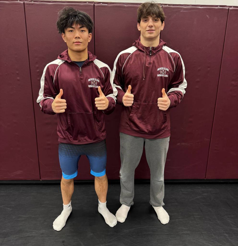 Mercer Island High School wrestlers Andy Wei, left, and Luke Sincock. Courtesy photo
