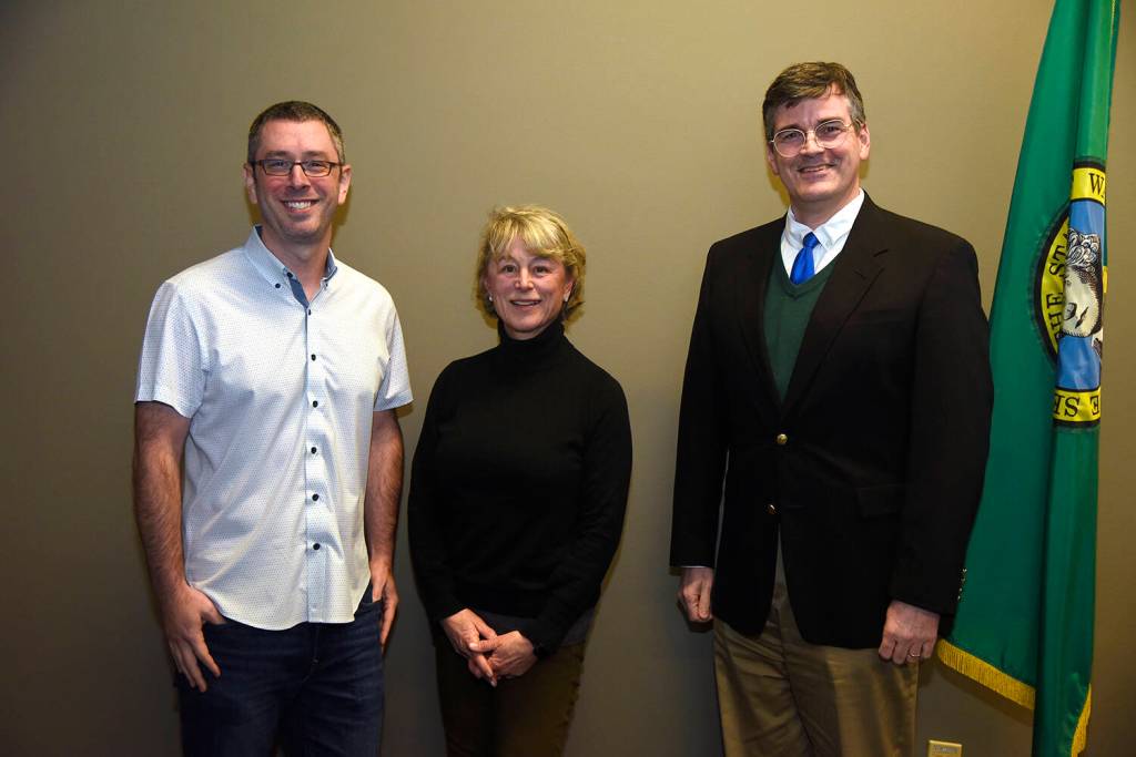 Mercer Island City Councilmembers, from left, Daniel Becker, Lisa Anderl and Ted Weinberg took their oaths of office at the Jan. 6 meeting. Photo courtesy of the city of Mercer Island