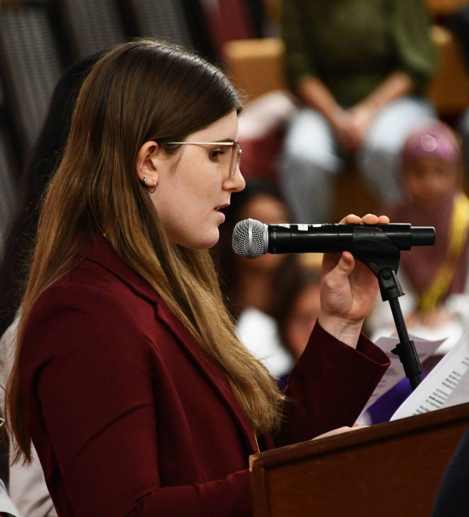 Mercer Island High School (MIHS) student representative to the Mercer Island School District Board Lucy Dorer speaks on Jan. 7 at the regional education funding town hall at Newport High School in Bellevue. Also speaking and advocating on behalf of students, staff and community were MIHS student representative to the board Brody Newcomer and other MIHS students Wyatt Burkey, Marin Frank and Samantha Runge. Andy Nystrom/ staff photo.