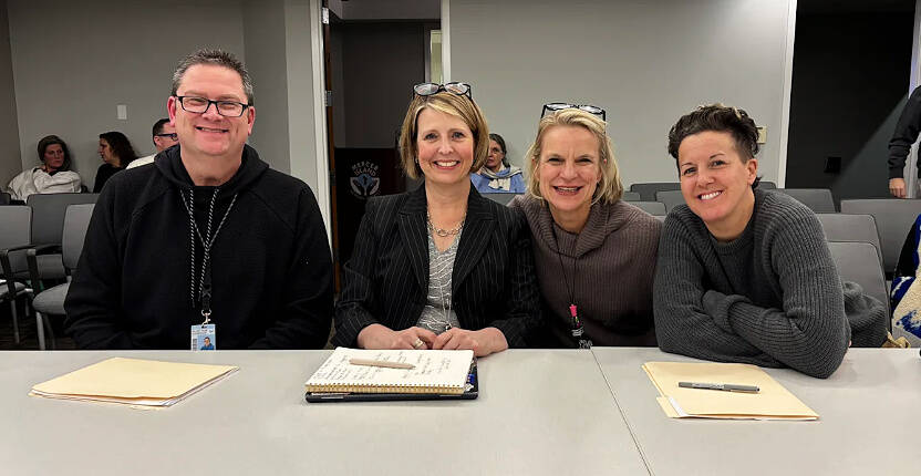 Left to right at the Jan. 15 Mercer Island School District board meeting: Island Park Elementary principal Joby McGowan, Lakeridge Elementary principal Jennifer Cleaves, Northwood Elementary principal Julie Newcomer and West Mercer Elementary principal Megan Isakson. Photo courtesy of the Mercer Island School District