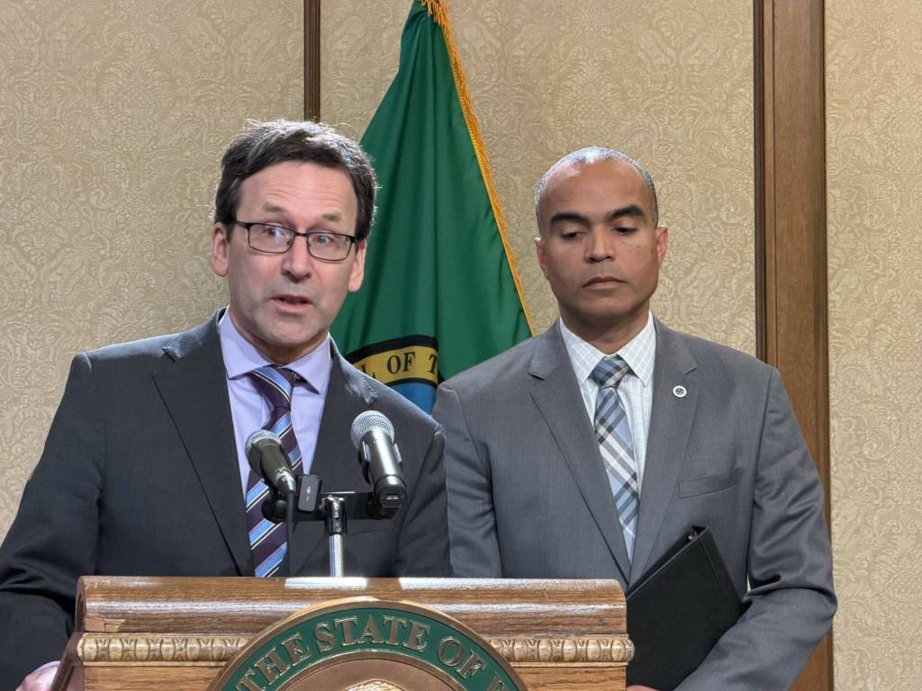 Gov. Bob Ferguson answers a question during a joint press conference with Attorney General Nick Brown Jan. 26. Photo by Cassie Diamond