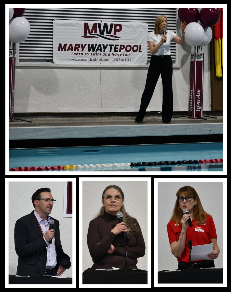 Top: Mary Wayte speaks at the pool renovation celebration event on Jan. 30. At bottom are speakers Fred Rundle, Brandy Fox and Alice Godfred. Andy Nystrom/ staff photos