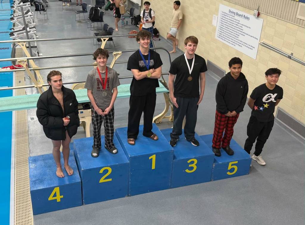 At the 3A KingCo championships, Mercer Island High School 1-meter diver Connor Carson took first place, Asher Weeks took second, Shane Kornblum took third and Keith Chung took sixth. Photo courtesy of the Mercer Island School District