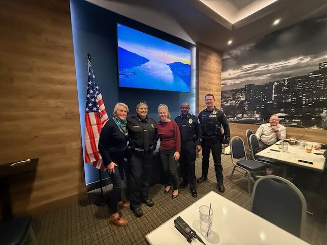 Bellevue Eastside Rotary Clubs Feb. 11 meeting featured a presentation by Mercer Island Police Department Chief Michelle Bennett and Bellevue Police Department Chief Wendell Shirley about the differences and similarities of their jobs that are often grueling and demanding. At Dave & Busters in Bellevue, the chiefs also noted that although crime is down, traffic violations, DUIs and noise complaints (mostly mufflers) are constant issues both have to deal with. Rotarians asked questions and ended the meeting with loud applause for the chiefs. From left to right: Mercer Islander and Rotary member Petra Walker, Bennett, Rotary president Aimee Hern, Shirley and Bellevue Police Department Captain Shelby Shearer. Courtesy photo