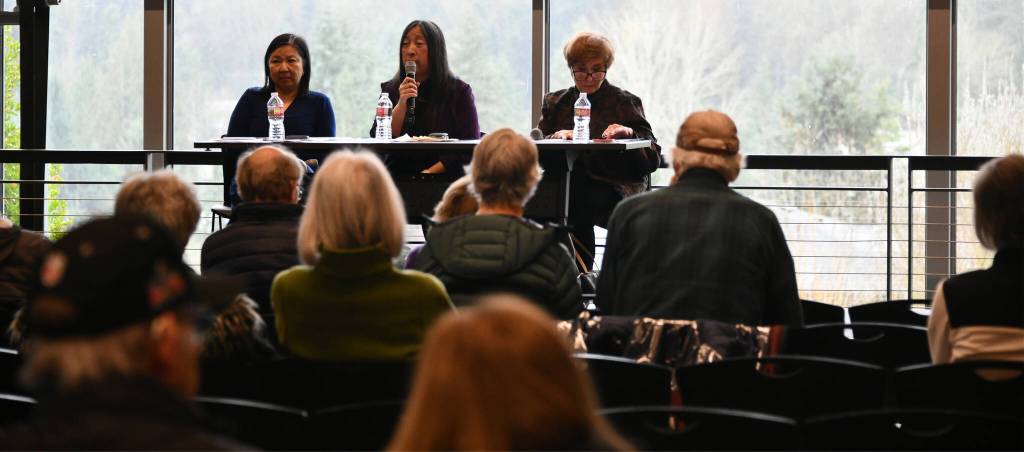 Andy Nystrom/ staff photos
From left to right, 41st Legislative District state Rep. My-Linh Thai, Rep. Janice Zahn and Sen. Lisa Wellman spoke to constituents at a town hall on Feb. 21 at the Mercer Island Community and Event Center.