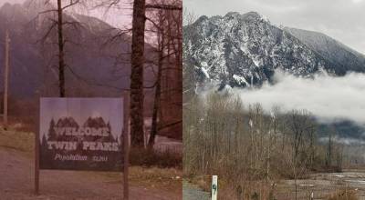 Grace Gorenflo / Valley Record
A then versus now comparison of the location of the Welcome to Twin Peaks sign from the shows opening credits. Left: A snapshot of Twin Peaks season 1, episode 1. Right: Mount Si from SE Reinig Road, Feb. 15, 2025.